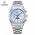 Chenxi Multifunctional Men's Watch Moon Phase Calendar Chronograph Waterproof Black Steel Strap