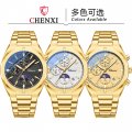 Chenxi Multifunctional Men's Watch Moon Phase Calendar Chronograph Waterproof Black Steel Strap