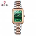 Chenxi small square watch for women genuine leather fashion waterproof peacock stone pattern watch female ins style small green 