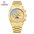 Chenxi Multifunctional Men's Watch Moon Phase Calendar Chronograph Waterproof Black Steel Strap