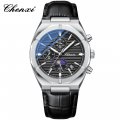 Chenxi Multifunctional Men's Watch Moon Phase Calendar Chronograph Waterproof Black Steel Strap