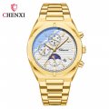 Chenxi Multifunctional Men's Watch Moon Phase Calendar Chronograph Waterproof Black Steel Strap