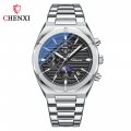 Chenxi Multifunctional Men's Watch Moon Phase Calendar Chronograph Waterproof Black Steel Strap