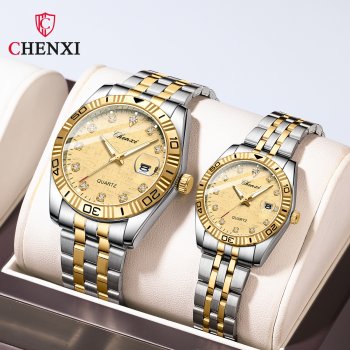 Chenxi Couple Calendar Diamond Gold Steel Band Fashion Business Quartz Watch
