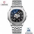 Chenxi new genuine leather high-end square mechanical watch for men waterproof luminous automatic hollow mechanical watch