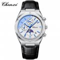 Chenxi Multifunctional Men's Watch Moon Phase Calendar Chronograph Waterproof Black Steel Strap