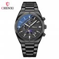 Chenxi Multifunctional Men's Watch Moon Phase Calendar Chronograph Waterproof Black Steel Strap